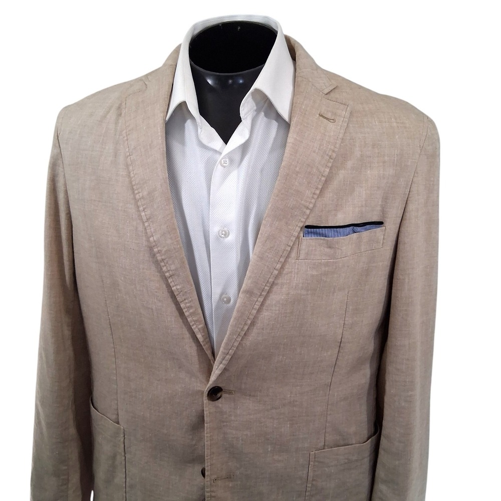 Cremieux Sport Coat Mens Large Tan Linen Blend Elbow Patches Blazer‎